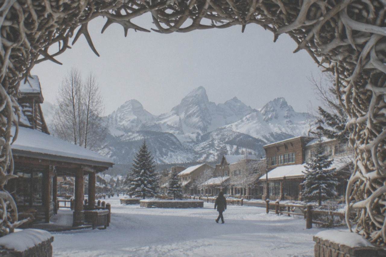 Snow-covered gateway town street with mountains rising behind under a pale winter sky