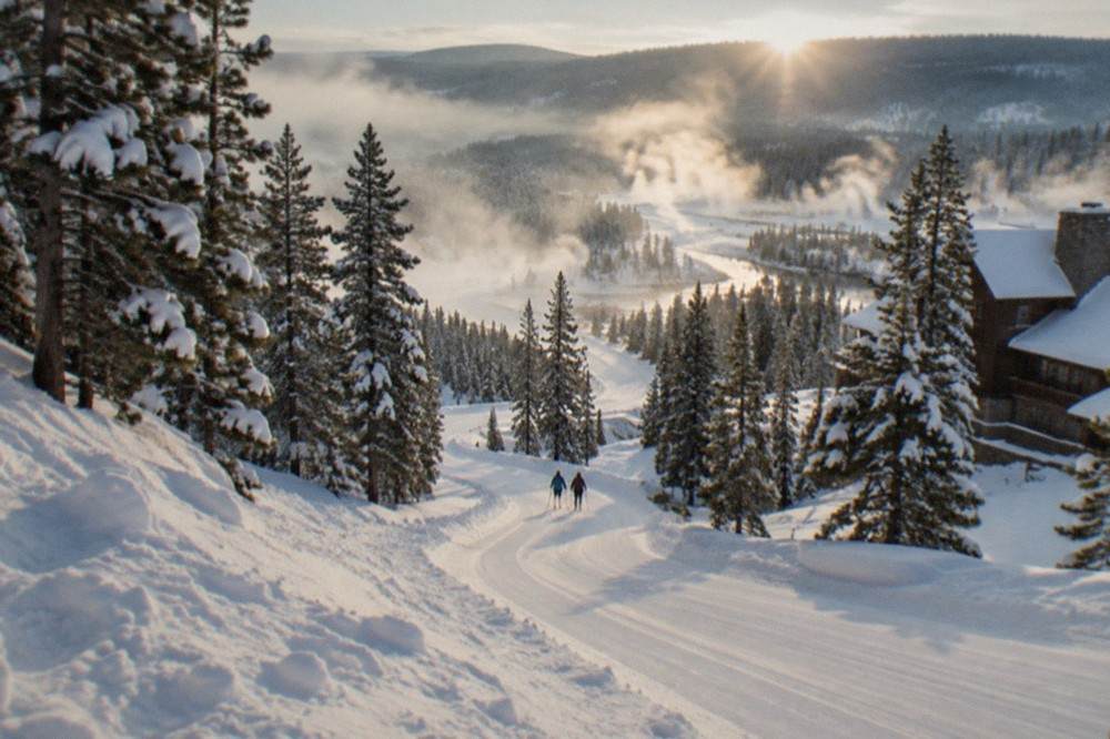 A groomed snow road winding through snow-laden pine forest