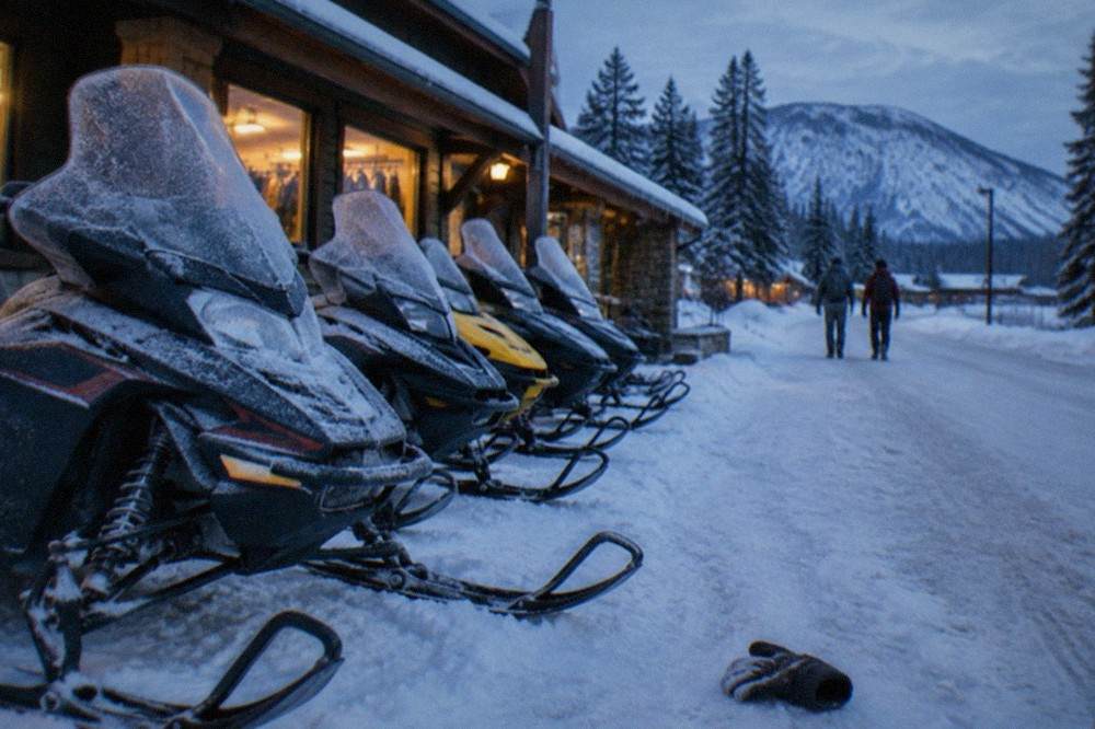 Row of snowmobiles parked outside a rental shop on a snow-lined street at dawn