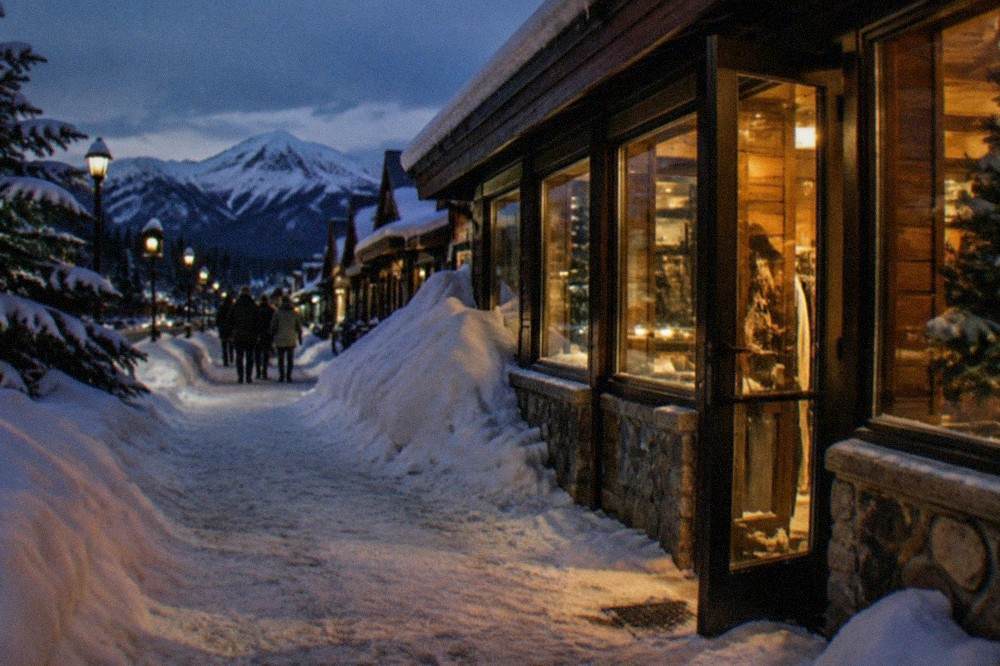 A quiet snowy street with lit storefronts and snowbanks along the sidewalk